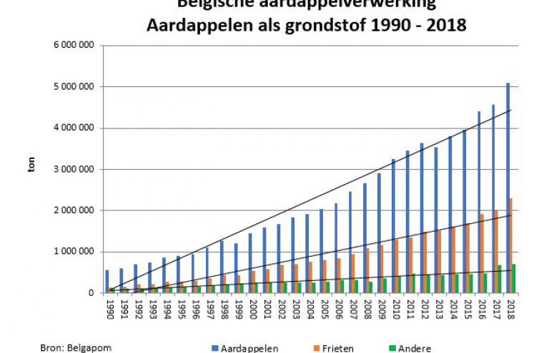 Belgische verwerkte aardappelen: het verbruik van aardappelen als grondstof steeg in 2018 met 11,6 %.